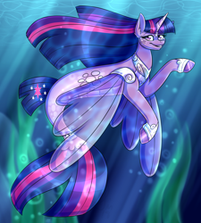 Size: 1800x2000 | Tagged: safe, artist:sinligereep, twilight sparkle, alicorn, pony, seapony (g4), g4, bubble, crepuscular rays, dorsal fin, eyelashes, female, fin wings, fish tail, flowing mane, flowing tail, hoof shoes, horn, long mane, looking at you, ocean, purple eyes, seaponified, seapony twilight, seaweed, smiling, solo, species swap, sunlight, swimming, tail, twilight sparkle (alicorn), underwater, water, wings