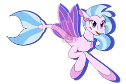 Size: 1280x854 | Tagged: safe, artist:pokee-paint, silverstream, seapony (g4), g4, blue mane, female, fin wings, fins, fish tail, jewelry, necklace, open mouth, purple eyes, purple wings, seapony silverstream, simple background, smiling, solo, swimming, tail, transparent background, watermark, wings