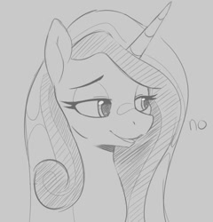 Size: 904x943 | Tagged: safe, artist:tre, princess cadance, alicorn, pony, g4, bust, female, lidded eyes, looking at someone, mare, missing accessory, monochrome, no, reaction image, simple background, solo, text