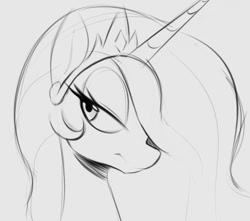 Size: 1070x945 | Tagged: safe, artist:tre, princess celestia, alicorn, pony, g4, bust, female, hair over one eye, jewelry, lidded eyes, looking sideways, mare, monochrome, simple background, solo, tiara