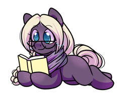 Size: 1070x808 | Tagged: safe, artist:paperbagpony, oc, oc:libra lavanda, earth pony, pony, blushing, book, clothes, earth pony oc, glasses, reading, scarf, simple background, white background