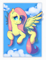 Size: 1529x2000 | Tagged: safe, artist:talimingi, fluttershy, pegasus, pony, g4, cloud, female, looking at you, mare, sky, smiling, solo, spread wings, turned head, wings