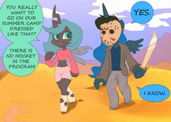Size: 1125x800 | Tagged: safe, artist:jokerpony, princess luna, queen chrysalis, alicorn, changeling, changeling queen, anthro, unguligrade anthro, ask teen chrysalis, g4, clothes, costume, dialogue, duo, female, friday the 13th, hockey mask, jason voorhees, machete, mask