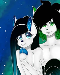Size: 960x1200 | Tagged: safe, artist:tessa_key_, oc, oc only, earth pony, anthro, arm hooves, bust, cloven hooves, duo, earth pony oc, female, male, smiling, stars