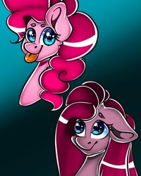 Size: 1080x1350 | Tagged: safe, artist:tessa_key_, pinkie pie, earth pony, pony, g4, :p, bust, duality, eyelashes, female, floppy ears, gradient background, mare, pinkamena diane pie, ponk, self ponidox, tongue out