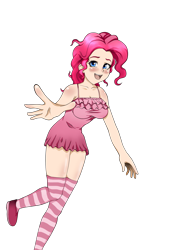 Size: 1653x2256 | Tagged: safe, artist:aldharoku, pinkie pie, human, g4, 2014, blushing, breasts, cleavage, clothes, dress, humanized, open mouth, shoes, simple background, sleeveless, smiling, socks, solo, striped socks, transparent background