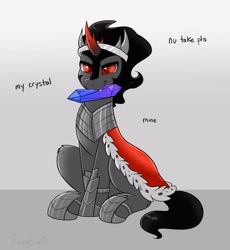 Size: 3389x3689 | Tagged: safe, artist:confetticakez, king sombra, pony, unicorn, g4, armor, behaving like a dog, cape, clothes, crystal, cute, cute little fangs, fangs, high res, male, mine!, mouth hold, sitting, solo, sombradorable, stallion, that pony sure does love crystals