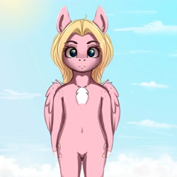 Size: 4000x4000 | Tagged: dead source, safe, artist:miokomata, oc, oc only, oc:mio, pegasus, semi-anthro, arm hooves, belly button, chest fluff, female, freckles, looking at you, mare, shoulder freckles, sky, solo, wing freckles