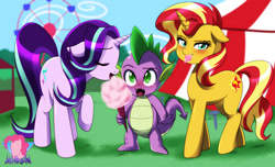 Size: 1148x696 | Tagged: safe, artist:danmakuman, spike, starlight glimmer, sunset shimmer, dragon, pony, unicorn, g4, blushing, carnival, commission, cotton candy, eyes closed, female, floppy ears, food, group, male, open mouth, ship:sparlight, ship:sunsetspike, shipping, spike gets all the mares, straight, suggestive eating, sunsetsparlight, trio