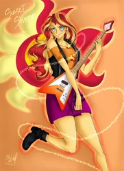 Size: 2893x3996 | Tagged: safe, artist:bidzinha, sunset shimmer, equestria girls, g4, my little pony equestria girls: better together, cutie mark background, electric guitar, female, geode of empathy, guitar, high res, magical geodes, musical instrument, solo
