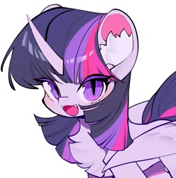 Size: 1015x1024 | Tagged: safe, artist:amo, twilight sparkle, alicorn, pony, g4, chest fluff, colored eyelashes, cute, cute little fangs, ear fluff, fangs, looking at you, open mouth, simple background, slit pupils, solo, twiabetes, twilight sparkle (alicorn), white background