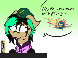 Size: 1231x910 | Tagged: safe, artist:lazerblues, oc, oc:bambi, earth pony, pony, beanie, blushing, cute, drink, energy drink, female, game fuel, hat, mare, mountain dew, soda can, solo, the legend of zelda, triforce
