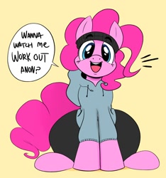 Size: 1874x2000 | Tagged: safe, artist:ota, pinkie pie, earth pony, pony, g4, clothes, dialogue, hoodie, looking at you, open mouth, pants, ponk, simple background, sitting, solo, speech bubble, sweatband, yellow background, yoga pants