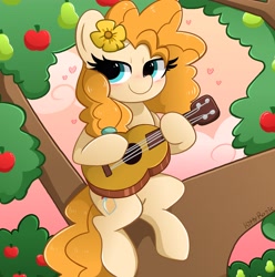 Size: 4062x4096 | Tagged: safe, artist:kittyrosie, pear butter, earth pony, pony, g4, apple, apple tree, blushing, cute, flower, flower in hair, guitar, heart, musical instrument, pear tree, pearabetes, solo, tree