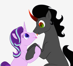 Size: 1000x900 | Tagged: safe, artist:enigmadoodles, king sombra, starlight glimmer, pony, unicorn, g4, boop, crack shipping, female, holding hooves, looking at each other, male, noseboop, shipping, simple background, starlightsombra, straight, tongue out, white background