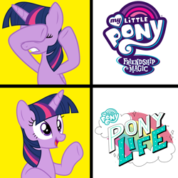 Size: 1024x1024 | Tagged: safe, twilight sparkle, alicorn, pony, g4.5, my little pony: pony life, covering eyes, downvote bait, drake, drama, female, meme, op failed friendship, op is a duck, op is trying to start shit, op is trying to start shit so badly that it's kinda funny, op started shit and op is laughing at you, open mouth, pony life drama, solo, teeth, twilight sparkle (alicorn)