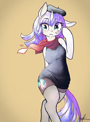 Size: 940x1280 | Tagged: safe, artist:toki, rarity, unicorn, anthro, g4, arm hooves, beret, breasts, clothes, crossed hooves, dress, female, hand on face, hat, mare, scarf, solo