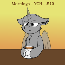 Size: 1000x1000 | Tagged: safe, artist:rokosmith26, part of a set, pony, advertisement, annoyed, cheek fluff, chest fluff, coffee, coffee mug, commission, cup, floppy ears, fluffy, mug, simple background, solo, table, your character here
