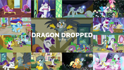 Size: 1978x1114 | Tagged: safe, edit, edited screencap, editor:quoterific, screencap, aloe, applejack, gabby, lotus blossom, pinkie pie, rainbow dash, rarity, spike, twilight sparkle, alicorn, dragon, earth pony, griffon, pegasus, pony, unicorn, dragon dropped, g4, angry, applejack's hat, bipedal, cowboy hat, eyes closed, fainting couch, female, flashback, flying, gritted teeth, hat, messy mane, mud mask, open mouth, shocked, teeth, twilight sparkle (alicorn), twilight's castle, winged spike, wings