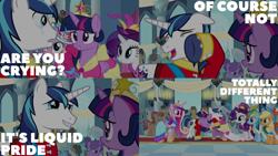 Size: 1986x1117 | Tagged: safe, edit, edited screencap, editor:quoterific, screencap, amberlocks, applejack, bon bon, bruce mane, caramel, cherry cola, cherry fizzy, doctor whooves, eclair créme, goldengrape, masquerade, north star, orion, perfect pace, pinkie pie, princess cadance, rainbow dash, rarity, shining armor, shooting star (character), sir colton vines iii, spring melody, sprinkle medley, star gazer, sunshower raindrops, sweetie drops, time turner, twilight sparkle, alicorn, earth pony, pegasus, pony, unicorn, g4, magical mystery cure, season 3, big crown thingy, clothes, coronation dress, crown, crying, dress, element of magic, eyes closed, female, hug, jewelry, liquid pride, male, open mouth, regalia, stallion, surprised, teeth, twilight sparkle (alicorn)