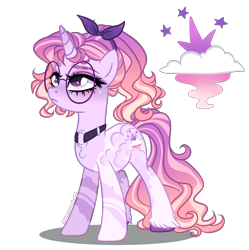 Size: 1600x1604 | Tagged: safe, artist:gihhbloonde, oc, oc only, unnamed oc, pony, unicorn, body markings, choker, closed mouth, collar, colored hooves, eyeshadow, female, freckles, frown, glasses, gradient horn, gradient mane, gradient tail, horn, lavender eyes, lightly watermarked, looking up, magical lesbian spawn, makeup, mare, offspring, parent:luster dawn, parent:twilight sparkle, parents:lusterlight, ponytail, purple eyes, round glasses, simple background, solo, sparkly horn, standing, tail, transparent background, unicorn oc, unshorn fetlocks, watermark