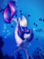 Size: 1024x1366 | Tagged: safe, artist:princessrosemcmitten, twilight sparkle, alicorn, fish, jellyfish, pony, seapony (g4), g4, bubble, coral, crepuscular rays, dorsal fin, female, fin wings, fish tail, flowing mane, flowing tail, glowing, horn, looking up, ocean, purple eyes, seaponified, seapony twilight, seaweed, smiling, solo, species swap, swimming, tail, twilight sparkle (alicorn), underwater, water, wings