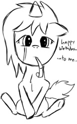 Size: 720x1160 | Tagged: safe, artist:symphonydawn3, oc, oc only, oc:jackie spectre, earth pony, pony, birthday, crying, female, hat, mare, monochrome, party hat, party horn, sad, simple background, sketch, solo, teary eyes, white background