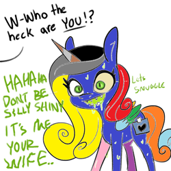 Size: 1024x1024 | Tagged: safe, artist:tjpones edits, color edit, edit, queen chrysalis, alicorn, changeling, pony, g4, 1000 hours in ms paint, blatant lies, colored, dialogue, disguise, disguised changeling, donut steel, drool, fake cadance, fake cutie mark, female, implied shining armor, offscreen character, paper-thin disguise, seems legit, sharp teeth, simple background, slit pupils, solo, teeth, white background