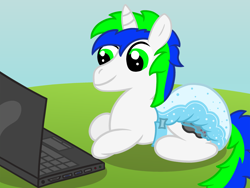 Size: 2000x1500 | Tagged: safe, artist:sweetielover, oc, oc only, oc:gamebits, pony, unicorn, computer, countryside, diaper, diaper fetish, fetish, laptop computer, male, poofy diaper, solo, white diaper