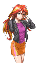 Size: 740x1200 | Tagged: safe, artist:invisibleone11, sunset shimmer, equestria girls, g4, anime, clothes, digital art, female, human coloration, jacket, shirt, simple background, skirt, solo, white background
