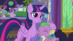 Size: 1920x1080 | Tagged: safe, screencap, spike, twilight sparkle, alicorn, dragon, pony, g4, hearthbreakers, cute, female, fireplace, hearth's warming doll, male, mare, petting, spikabetes, spikelove, twiabetes, twilight sparkle (alicorn)