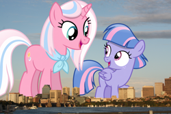 Size: 2100x1400 | Tagged: safe, artist:vector-brony, clear sky, wind sprint, pegasus, pony, unicorn, g4, boston, female, filly, giant pony, giantess, highrise ponies, irl, like mother like daughter, like parent like child, macro, mare, massachusetts, mother and child, mother and daughter, photo, ponies in real life, story included