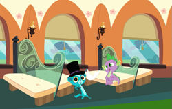 Size: 625x396 | Tagged: safe, artist:littledoegiuli95, spike, dragon, mongoose, g4, crossover, friendshipping, hat, littlest pet shop, male, sitting, sunil nevla, the friendship express, top hat, train