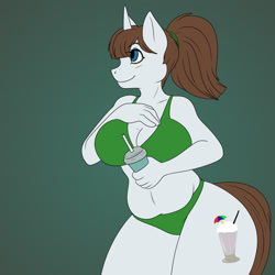 Size: 1280x1280 | Tagged: safe, artist:axelferdinan, artist:beholdervee, oc, oc only, unicorn, anthro, belly button, bikini, breasts, chubby, clothes, commission, cutie mark, digital art, drink, female, horn, simple background, solo, swimsuit, tail, thighs, wide hips, ych result