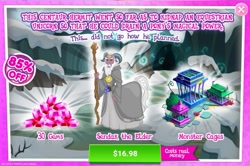 Size: 1557x1036 | Tagged: safe, gameloft, idw, sendak the elder, centaur, fiendship is magic, g4, my little pony: magic princess, advertisement, cage, costs real money, game screencap, gem, idw showified, introduction card, monster cages, sale