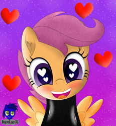 Size: 3840x4154 | Tagged: safe, artist:damlanil, scootaloo, pegasus, pony, g4, blushing, catsuit, clothes, cute, cutealoo, female, filly, happy, heart, heart eyes, latex, latex suit, looking at you, mare, open mouth, rubber, shine, shiny, simple background, smiling, spy, suit, vector, weapons-grade cute, wingding eyes, wings