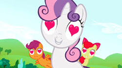 Size: 300x168 | Tagged: safe, screencap, apple bloom, scootaloo, sweetie belle, earth pony, pegasus, pony, unicorn, g4, lesson zero, season 2, adorabloom, cute, cutealoo, cutie mark crusaders, diasweetes, female, filly, heart eyes, i really like her mane, wingding eyes