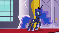 Size: 1920x1080 | Tagged: safe, screencap, princess luna, alicorn, pony, a royal problem, g4, butt, female, looking back, luna is not amused, mare, plot, raised hoof, solo, sun, swapped cutie marks, unamused