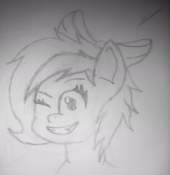 Size: 1990x2048 | Tagged: safe, artist:isaac_pony, oc, oc only, oc:burst clouds, pegasus, pony, female, mare, monochrome, mouth, one eye closed, ribbon, simple background, sketch, smiling, teeth, traditional art, wink