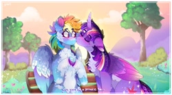 Size: 3432x1905 | Tagged: safe, artist:aaa-its-spook, rainbow dash, twilight sparkle, alicorn, pegasus, pony, g4, alternate hairstyle, bench, blaze (coat marking), bush, cheek fluff, chest fluff, coat markings, colored wings, dialogue, ear fluff, ethereal mane, eye clipping through hair, eyebrows, eyebrows visible through hair, eyes closed, facial markings, female, floppy ears, folded wings, hoof fluff, kissing, lesbian, mare, marriage proposal, multicolored wings, nervous, nuzzling, ship:twidash, shipping, sitting, smooch, spread wings, starry mane, tree, twilight sparkle (alicorn), wing fluff, wings