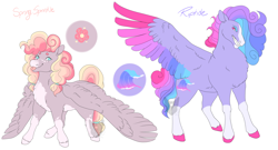 Size: 3200x1728 | Tagged: safe, artist:arexstar, oc, oc only, oc:riptide, oc:spring sprinkle, pegasus, pony, colored wings, magical lesbian spawn, multicolored wings, offspring, parent:pinkie pie, parent:rainbow dash, parents:derpypie, parents:pinkiedash, simple background, white background, wings