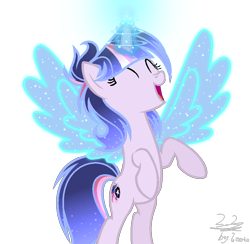 Size: 816x798 | Tagged: safe, artist:whiteplumage233, oc, oc only, pony, unicorn, ^^, artificial wings, augmented, eyes closed, female, magic, magic wings, mare, simple background, solo, transparent background, wings