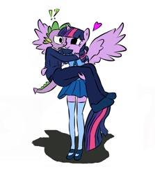 Size: 913x1024 | Tagged: safe, anonymous artist, derpibooru exclusive, spike, twilight sparkle, alicorn, dragon, anthro, g4, bridal carry, carrying, clothes, cute, female, heart, male, mare, mary janes, nuzzling, older, older spike, sailor uniform, school uniform, ship:twispike, shipping, shoes, simple background, skirt, spikabetes, straight, surprised, twiabetes, twilight sparkle (alicorn), uniform, white background, zettai ryouiki