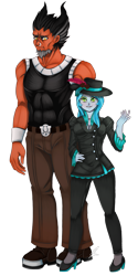 Size: 1155x2301 | Tagged: safe, artist:jennobasilicum, lord tirek, queen chrysalis, equestria girls, g4, abs, belt, blushing, boots, clothes, duo, equestria girls-ified, eyeshadow, feather, fedora, female, grin, hat, high heels, jeans, makeup, male, nose piercing, nose ring, pants, piercing, septum piercing, shoes, simple background, smiling, suit, tank top, transparent background, wristband