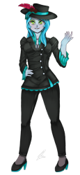 Size: 1098x2388 | Tagged: safe, artist:jennobasilicum, queen chrysalis, human, equestria girls, g4, blushing, clothes, equestria girls-ified, eyeshadow, feather, fedora, female, grin, hat, high heels, makeup, pants, shoes, simple background, smiling, solo, suit, transparent background