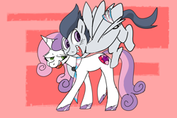 Size: 2070x1384 | Tagged: safe, artist:skunkstripe, rumble, sweetie belle, pegasus, pony, unicorn, fanfic:march of pride, g4, fanfic, fanfic art, fanfic cover, female, gender headcanon, male, necktie, older, older rumble, older sweetie belle, pride, pride flag, scar, sharp teeth, ship:rumbelle, shipping, straight, t4t, teeth, trans female, trans male, transgender, transgender pride flag