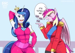 Size: 2026x1427 | Tagged: safe, artist:traupa, princess cadance, shining armor, alicorn, unicorn, anthro, arm behind head, blushing, clothes swap, crossdressing, eyes closed, female, laughing, male, open mouth, shiningcadance, shipping, speech bubble, straight, style change
