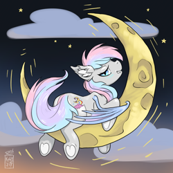 Size: 4000x4000 | Tagged: source needed, safe, artist:kchche, oc, oc:dreamyway skies, bat pony, pony, bat pony oc, crescent moon, cute, dream, ear fluff, looking at you, looking back, lying down, moon, night, smiling, soft color, solo, tangible heavenly object, transparent moon, underhoof