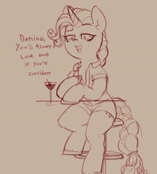 Size: 2130x2354 | Tagged: safe, artist:yoditax, rarity, pony, unicorn, g4, alcohol, alternate hairstyle, braided tail, clothes, dialogue, high res, monochrome, motivational, solo, talking to viewer
