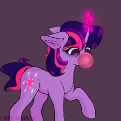 Size: 1080x1080 | Tagged: safe, artist:nel_liddell, twilight sparkle, pony, unicorn, g4, bubblegum, ear fluff, female, food, glowing horn, gum, horn, mare, purple background, raised hoof, simple background, solo, unicorn twilight